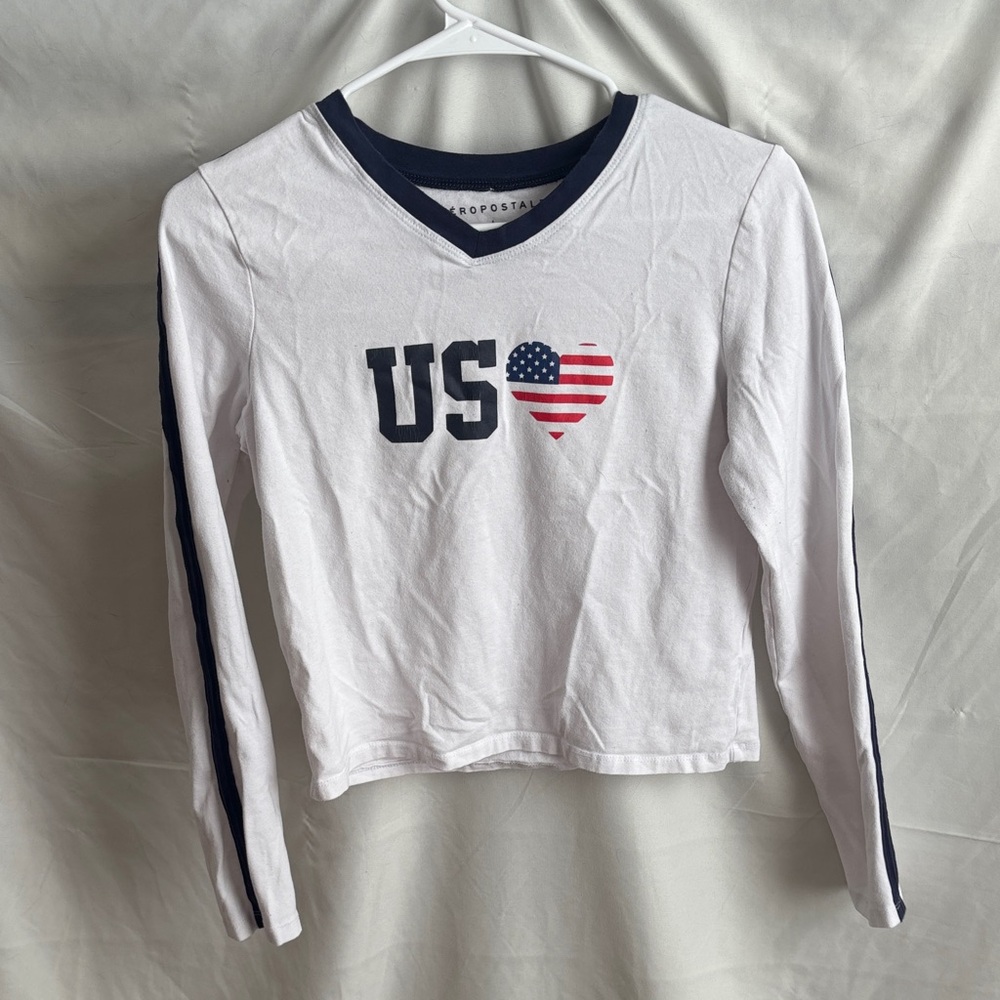 Aeropostale White and Navy USA Graphic Crop Top